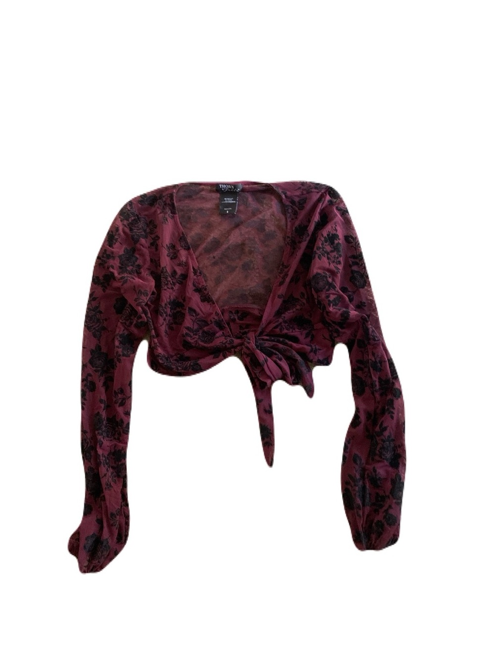 Thorn & Fable Small Maroon & Black Floral Tie Front Cropped Bolero Whimsigoth